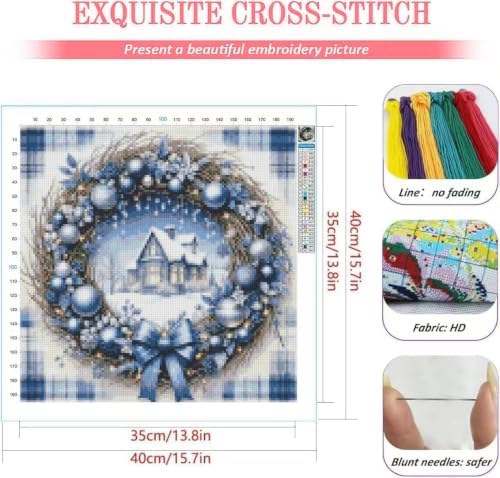 KYOQFVN Winter Stamping Cross Stitch Kit, 11 CT Christmas House Cross Stitch Kits for Adults, Full Line DIY Stitching Kit for Home Decor Cross Stitch Patterns 14x14 inches
