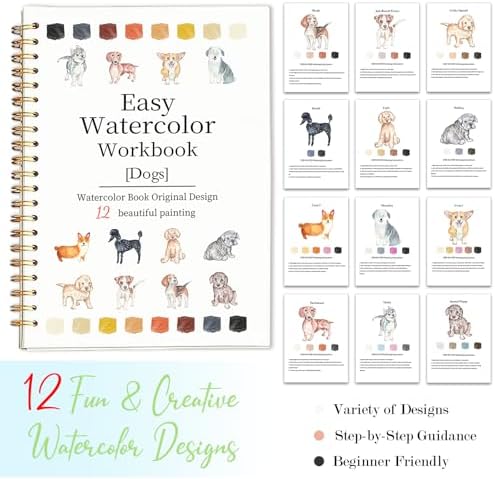 Easy Watercolor Workbook for Beginners - 12 Beautiful Step-by-Step Paintings Water Coloring Book, Includes 18 Colors Paints, Relaxing Art Projects and Creative Gift for Adults & Teen (Dogs)
