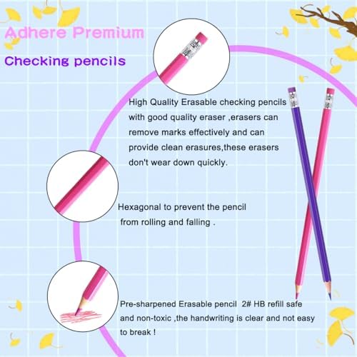 Adhere 25pcs Checking Pencils Erasable colored Pencils Pre-Sharpened #2 HB,for Checking Tests Grading,Map Coloring, editing Office Favors,including a Free sharpener. (Pink 13pcs + Purple 12pcs)