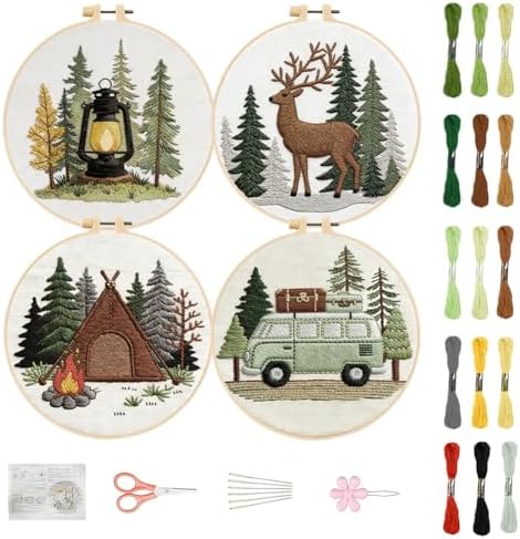 FREEBLOSS 4 Sets Embroidery Kit for Beginners Needlepoint Embroidery Starter Kit with Camping Stamped Patterns, Instructions, Colored Threads, 2 Hoops 20cm/7.9inch
