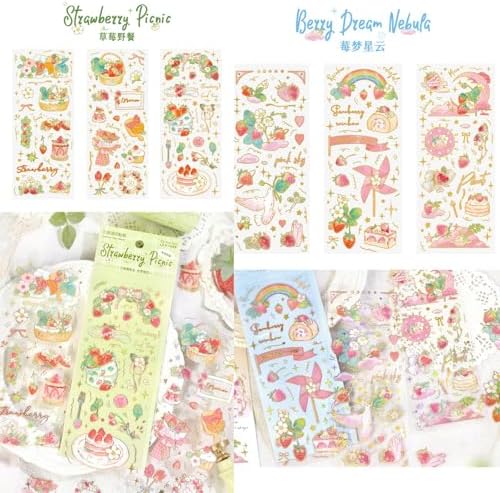 Strawberry Stickers for Journaling,12 Sheets Vintage Pink Berry & Dessert Decorative Stickers, Waterproof Vinyl Stickers for Scrapbook, Planners, Laptop, Water Bottles, DIY Crafts, Kawaii Stickers