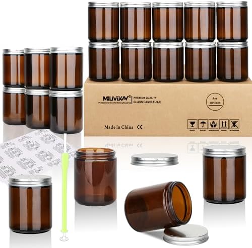 MILIVIXAY 20 Pack 8 OZ Thick Glass Dark Amber Candle Jars with Silver Lids-Bulk Empty Candle Jars for Making Candles-Canning Jar for Spice, Liquid, Sample- Dishwasher Safe.