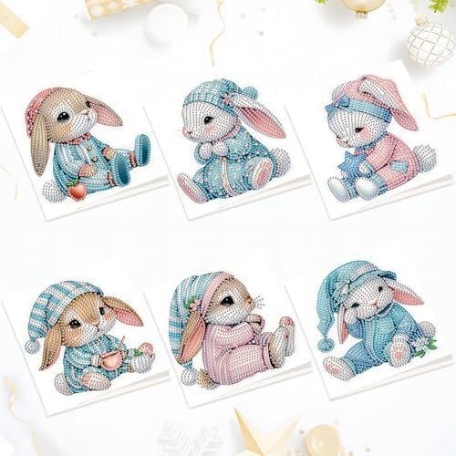 6pcs Diamond Art Painting Kit Greeting Card with Dress Bunny 5D DIY Diamond Handmade Holiday Greeting Card with Envelope, Holiday Gift Congratulation