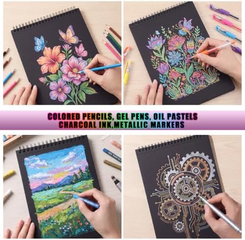 Black Sketch Pad 7.6 × 10 in, 50 Sheets, Spiral Bound Sketchbook | Black Paper for Gel Pens, Metallic Markers, Pencils & Pastel; Mixed Media Sheets; Lay-Flat Top Spiral