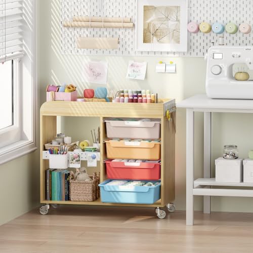 SYKIARIOL Craft Organizers and Art Supply Storage Art Cart, Classic Macaron | Rolling Cart with 4 Drawers & Metal Pegboard, 5 Hooks, Cute Macaron Color Magnets for Craft Room, Office, Classroom