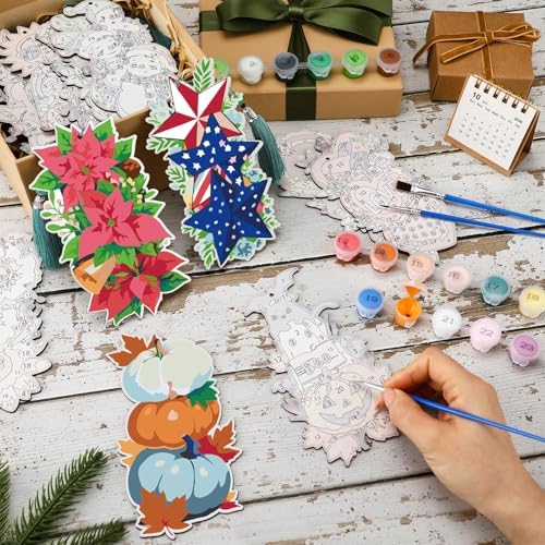 Kosiz 12 Pcs Festival Paint by Number Kit for Adult Wood Bookmark | Mini Paint by Numbers Kit, Painting Decor, Tiny Tassels Blank Bookmarks, for Small DIY Craft Book Lovers Gift 7x2 ''