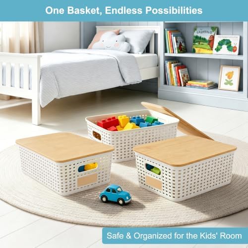 Bagnizer Small Plastic Storage Bins with Bamboo Lids 5.2qt Stackable Box Basket Pantry Decorative Containers Cute with Labels for Organizing Desktop Closet Office Cream White of 6 packs 10*7.2*4.1"