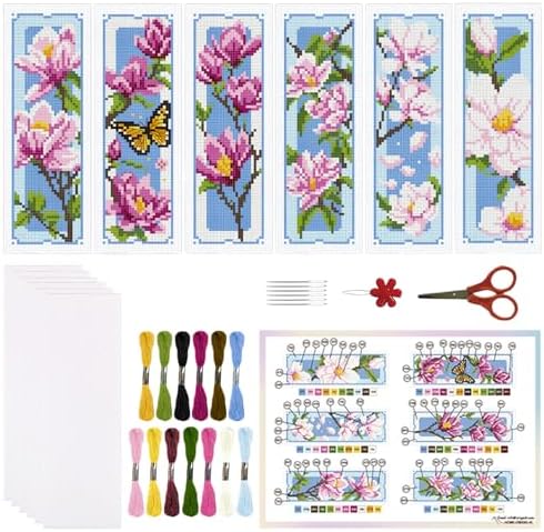 ORIGACH 6 Set Magnolia Cross Stitch Bookmark Kit for Beginner