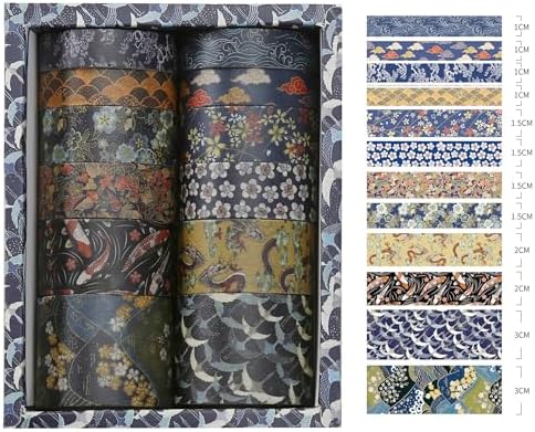 12 Rolls Kyoto Charm Washi Tape Set Japanese Arts Adhesive Tapes Geometric Garden Decorative Masking Tape Sets for Craft, Kids, Scrapbook, DIY, Gift Wrapping (Cerulean Showa)