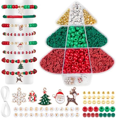 Taybonds Christmas Bracelet Making Kit, Christmas Beads for Bracelets and Jewelry Making, Xmas Bead Kit with Red Green Pony Beads, Clay, Letter Beads and Charms,Holiday DIY Friendship Gifts