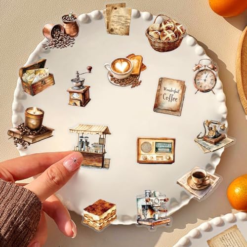 50 PCS Retro Coffee Stickers for Scrapbooking Journaling Junk Journal Scrapbook Supplies - Waterproof Transparent PET Aesthetic Decals for Resin Crafts Decorative Art Crafts (Retro-3)