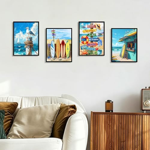 4 Pack Paint by Numbers Kit for Adults with Frame, Beach DIY Painting Kit