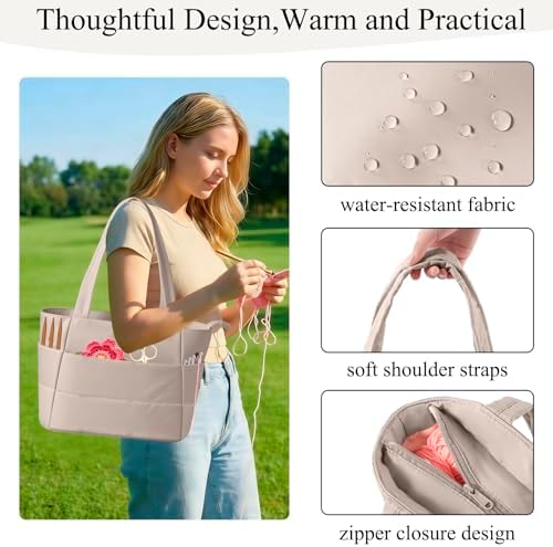 Crochet Bag for Yarn Storage, Puffer Knitting Bag with Soft Handles, Lightweight Yarn Storage Organizer with Zipper for Crochet Accessories, Gifts for Crocheters (Brown)
