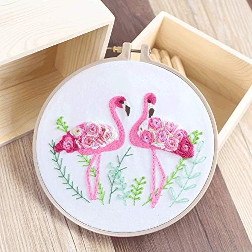 Konrisa Flamingo Embroidery Kit for Beginners with Pattern Floral Stamped Full Range of Embroidery Starter Kit for Adults Cross Stitch Kit with Embroidery Cloth, Hoops, Color Thread and Tools,Set of 2