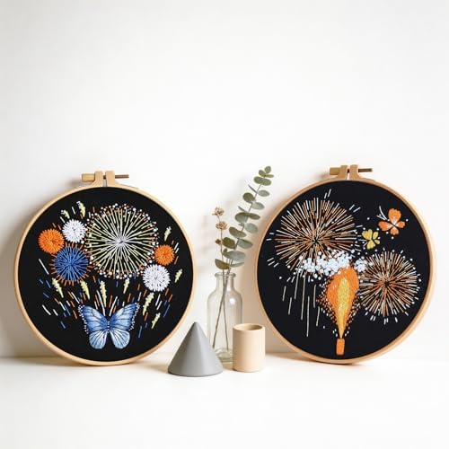 spicssa 2PCS Embroidery Kit for Beginners, Hand Needlepoint Kits for Adults with Pre-Stamped Patterns, 7.8-Inch Hoop, Threads & Needles, Step by Step Instructions