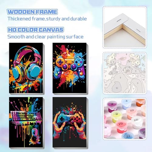 bleihum 4 Pack Paint by Numbers Kit for Kids with Frame Wooden Easel Game | Video Game Paint by Number Canvas, Controller Painting by Numbers Gifts for Gamers Teen Boys Room Decor 8x12 Inch