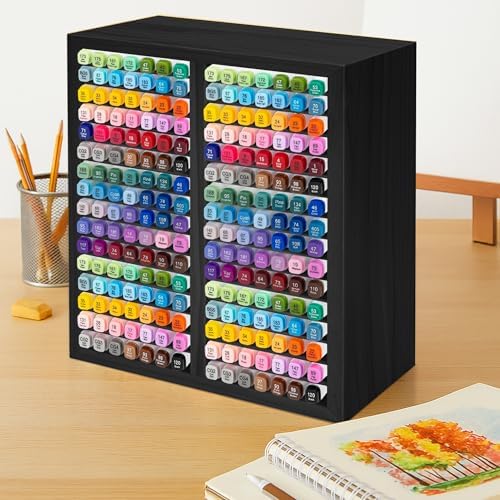 PROLEE Marker Organizer for 224 Markers, Wooden Alcohol Marker Holder with 32 Compartments, Horizontal Art Pen and Pencil Storage Rack for Desk, Classroom and Studio, Black