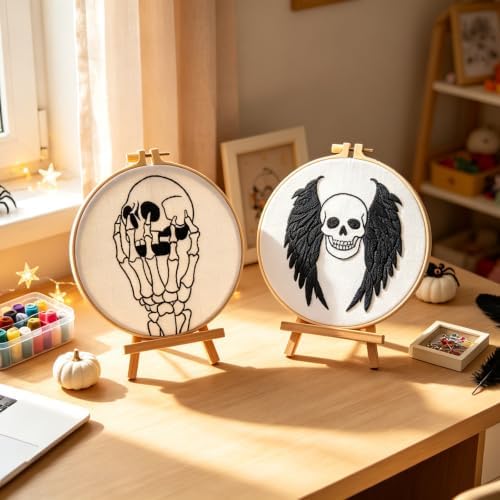 Skull Halloween Embroidery Kits for Beginners Adults, Gothic Embroidery Sets Needlepoint Kits, Halloween Stamped Cross Stitch Kits for Beginners Adults, 2 Embroidery Hoops (Attached Video Tutorial)