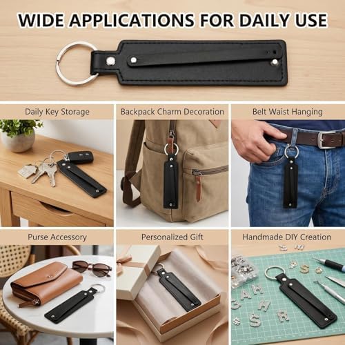 QUUPY 5Pcs PU Leather Keychain Blank DIY Craft Key Rings with 8mm Small Belt for Slide Charm Letters Beads Women Men(5 Colors)