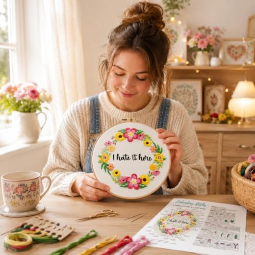 Nuberlic Floral Embroidery Kit for Beginners,Funny Embroidery Practice Kit