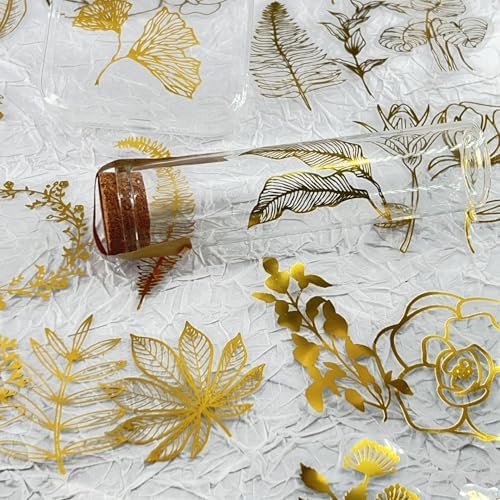 50PCS Boughs and Flowers Stickers Aesthetic PET Stickers Gold Stamp Decal Waterproof Decorative Decals for Scrapbook DIY Crafts Album Bullet Journal Planner Water Bottles Laptop Phone (Gold Stamp-C)