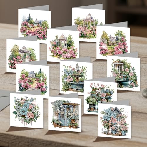 C'eitura 12Pcs Garden Flowers Diamond Art Painting Greeting Card Kit with Envelopes, DIY Floral Christmas Birthday Thanksgiving Card Making Set, All Occasion Handmade Card Craft