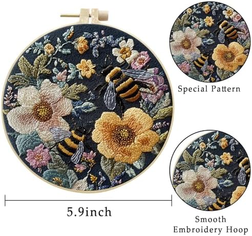 LB 4 Pack Yellow Bee Floral Embroidery Kit for Beginners Green Plant Beginner Embroidery Kit for Adults DIY Starter Kit with Embroidery Hoop Colorful Threads Tools Step by Step Instructions