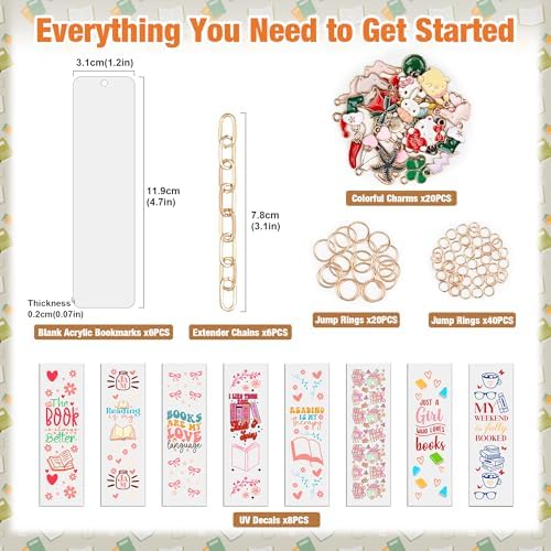100 Pcs Book Acrylic Bookmark Blanks(2mm) Thicken 6 DIY Bookmark Making 8 Book UV DTF Sticker 20 Charms 6 Extender Chains and 60 Jump Ring Suitable for DIY Crafts Gifts