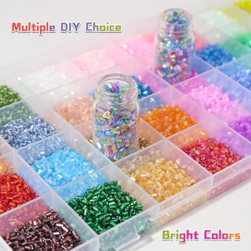 EuTengHao 19200Pcs Tube Beads Kit 3mm Glass Bugle Seed Beads for Jewelry Making Embroidery & Home Decor (32 Vibrant Colors)