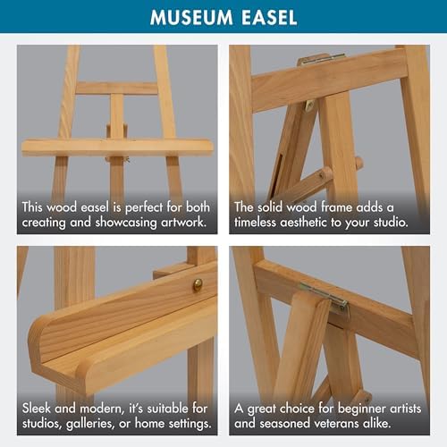 Studio Designs Museum Display Easel – Adjustable Solid Wood Stand for Painting, Sketching, Wedding & Event Signs, Posters, Photography, Home Decor – Foldable, Lightweight, 60–63” Natural Wood