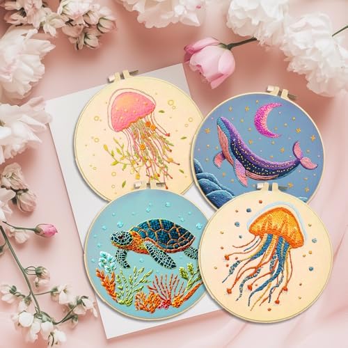 ACRNIGHEET 6PCS Embroidery Kit for Adults Beginners, Sea Animals Embroidery Starter Kit, Stamped Cross Stitch Kits for Crafts Lovers Gift Idea, Include Instructions 6 Stamped Embroidery Cloth 2 Hoop