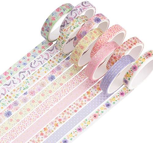 YUBBAEX 10 Rolls Sparkling Washi Tape Set 8mm Skinny Gold Foil Decorative Masking Washi Tapes for Journal,Scrapbook, Planner, DIY Crafts (Beautiful Flowers)