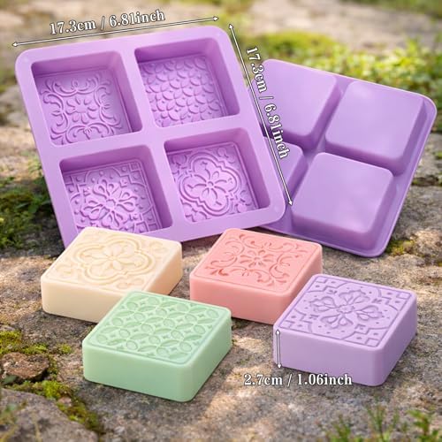 2Pack Embossed Floral Silicone Soap Mold Square Handmade Soap Making Mold Square Silicone Mold Vintage Floral Embossed Mold Handmade Soap Mold for Soap Candle Lotion Bath Bombs Resin Cake Chocolate
