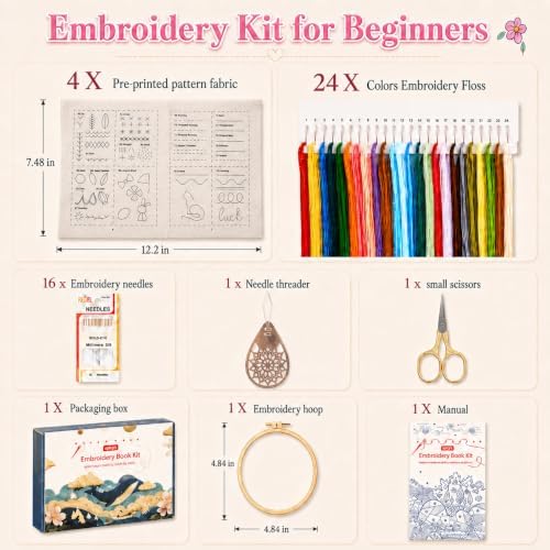 spicssa Beginner Embroidery Stitch Book Kit, 79 Stitches, Video Tutorials