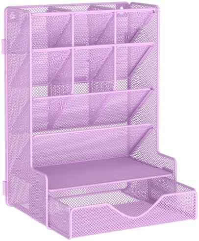 BOHDK Pen Organizer for Desk, Multi-Functional Desk Organizer, Wall Mount Pen Holder with Drawer for School, Office, Home, Art Supplies, Purple