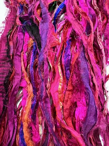 Maker's Craft Recycled Fuzzy Fringes Sari Silk Ribbon Yarn 35yards, 100Grams for DIY Knitting Crocheting Gift Wrapping, Christmas Decoration, Macrame Makers, Jewelry Making, Rugs Hooking (Magenta)