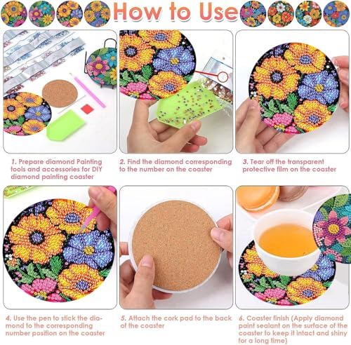 ijbnhd 8 Pcs Flowers Diamond Art Coasters with Holder