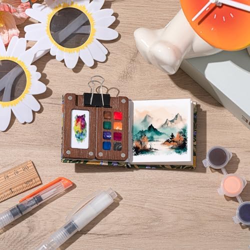 Qilery Mini Portable Watercolor Palette Set Wooden Grid Paint Box Watercolor Paper Sketch Book Brush Pens with Binder Clip for Painters Artist Not Include Paint(Bird)