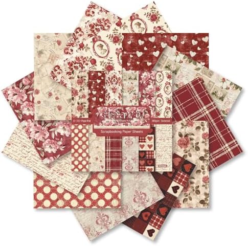 Vintage Red Scrapbooking Paper Pad - 24 Sheets 6in Flowers Aesthetic Patterned Decorative for Decoupage Journals Wrapping Folded Supplies Gift Anniversary Cards DIY Crafts Photo Album Origami