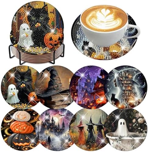 ijbnhd 8 Pcs Halloween Diamond Art Coasters Kits (Cork Wooden Pad)
