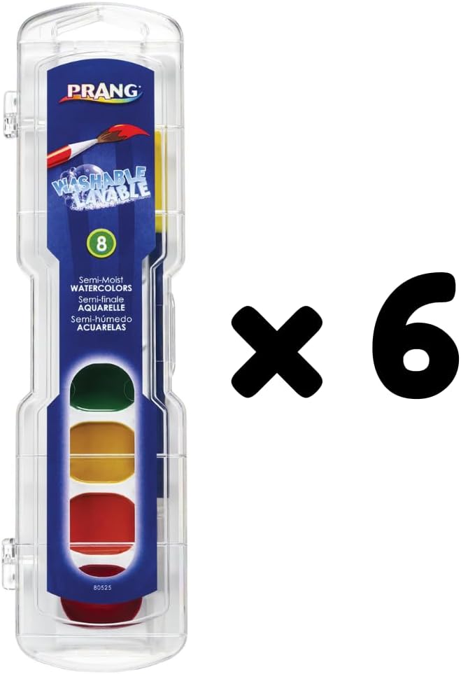 Prang Washable Semi-Moist Watercolors Oval Pan Set with Size 6 Paintbrush, Non-Refillable, 8 Assorted Colors, Pack of 6