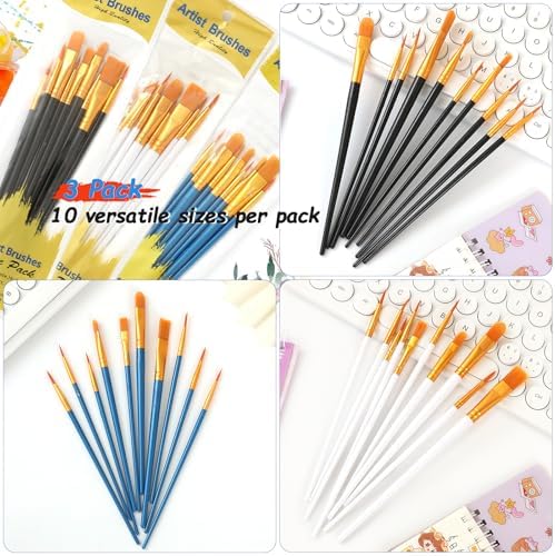 30 PCS Acrylic Paint Brushes Set (3×10 Pack), All-Levels Artist Paint Brushes for Acrylic, Watercolor, Oil Painting - Fine Detailing with Durable Nylon Bristles, Kid-Friendly & Classroom Supplies