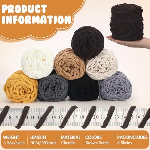 Buryeah 8 Pack Chunky Chenille Yarn for Crocheting, Brown Series