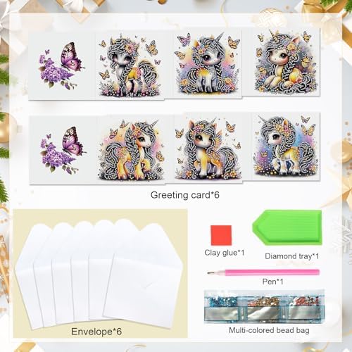 6 Pcs 5D Diamond Painting Greeting Cards Kits with Envelopes, DIY Rhinestone Diamond Art Cards, Unicorn Design with Laser Effect Handmade Festival Greeting Card for Birthday, Celebration and Party