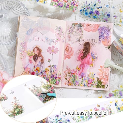 6PCS Floral Washi Tape Stickers PET Tape Stickers for Journaling Botanical Flower Decorative Tapes for Crafts Scrapbooking Junk Journal Supplies Bullet Journaling (Flower 1)