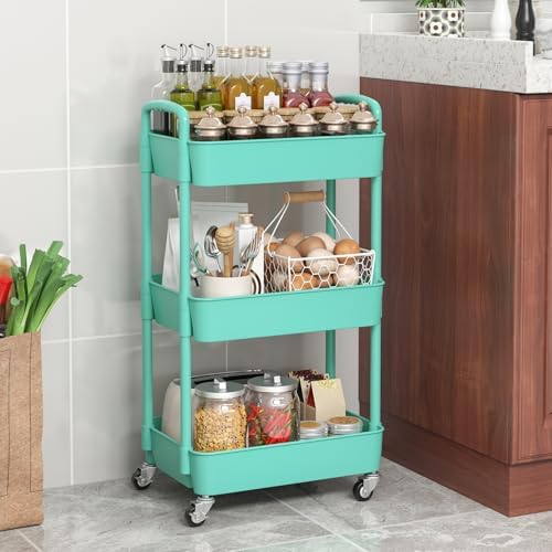 Sywhitta 3-Tier Plastic Rolling Utility Cart with Wheels for Storage, Green