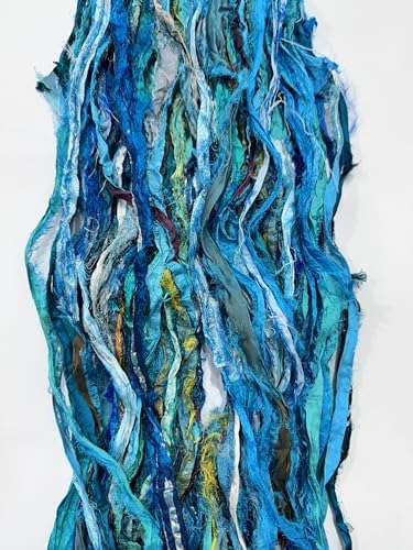 Maker's Craft Recycled Fuzzy Fringes Sari Silk Ribbon Yarn 35yards, 100Grams for DIY Knitting Crocheting Gift Wrapping, Christmas Decoration, Macrame Makers, Jewelry Making, Rugs Hooking (Aqua)