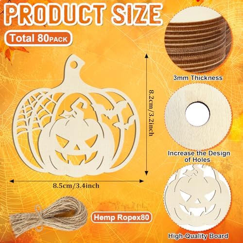 80PCS Wooden Halloween Decoration Pumpkins Ornaments to Paint Happy Halloween Cutouts Unfinished, DIY Blank Unfinished Ghost Spider Web Black Cat Trick or Treat Boo Ornament for Home Crafts Hanging