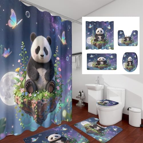 Kawaii Cartoon Animal Panda 4Pcs Shower Curtain Sets,Fairy Tale Forest Night Full Moon Bathroom Decor Set,Cute Panda Bears Butterflies Toilet Lid Rug, Bath Mat and Contour Mat
