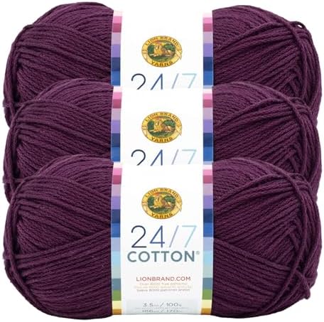 Lion Brand Yarn, 24/7 Cotton Yarn, Eggplant, Purple, 3 Pack